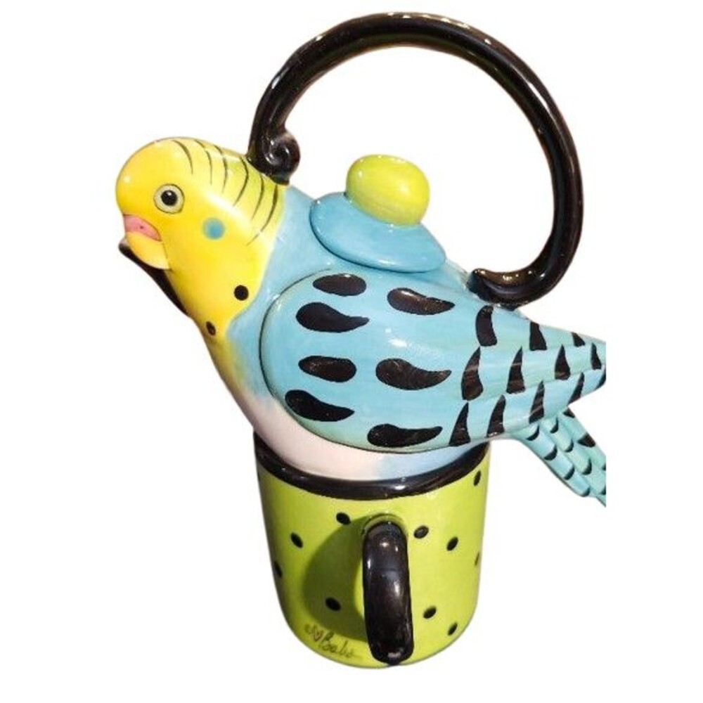 T4 Babs Blue Parakeet Teapot With Lid And Green Polka Dots Cup Nest 7 Inch
